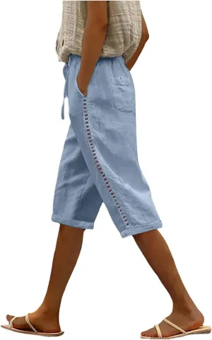 Women's Linen Summer Floral Palazzo Pants Elastic Waisted Baggy Stretchy Slim-Fit Pants Office
