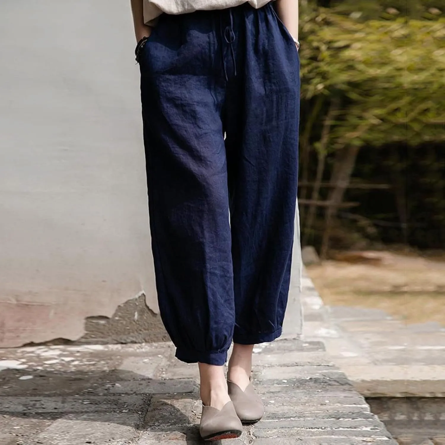 Women's Linen Summer Print Palazzo Lounge Pants Elastic Waisted Bootcut Plus Size Trousers Business Work