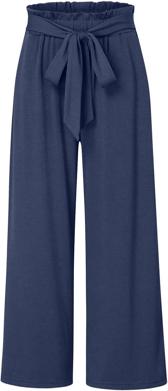 Womens Linen Summer Printed Palazzo Lounge Pants Elastic Waisted Straight Plus Size Palazzo Pants Vacation