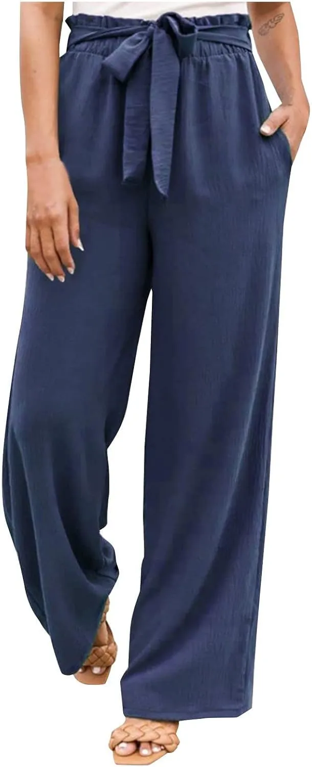 Womens Linen Summer Printed Palazzo Lounge Pants Elastic Waisted Straight Plus Size Palazzo Pants Vacation