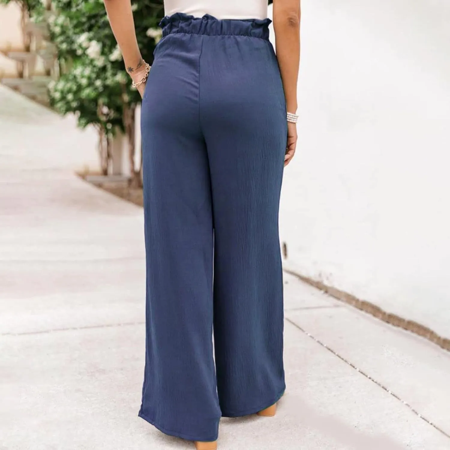 Womens Linen Summer Printed Palazzo Lounge Pants Elastic Waisted Straight Plus Size Palazzo Pants Vacation
