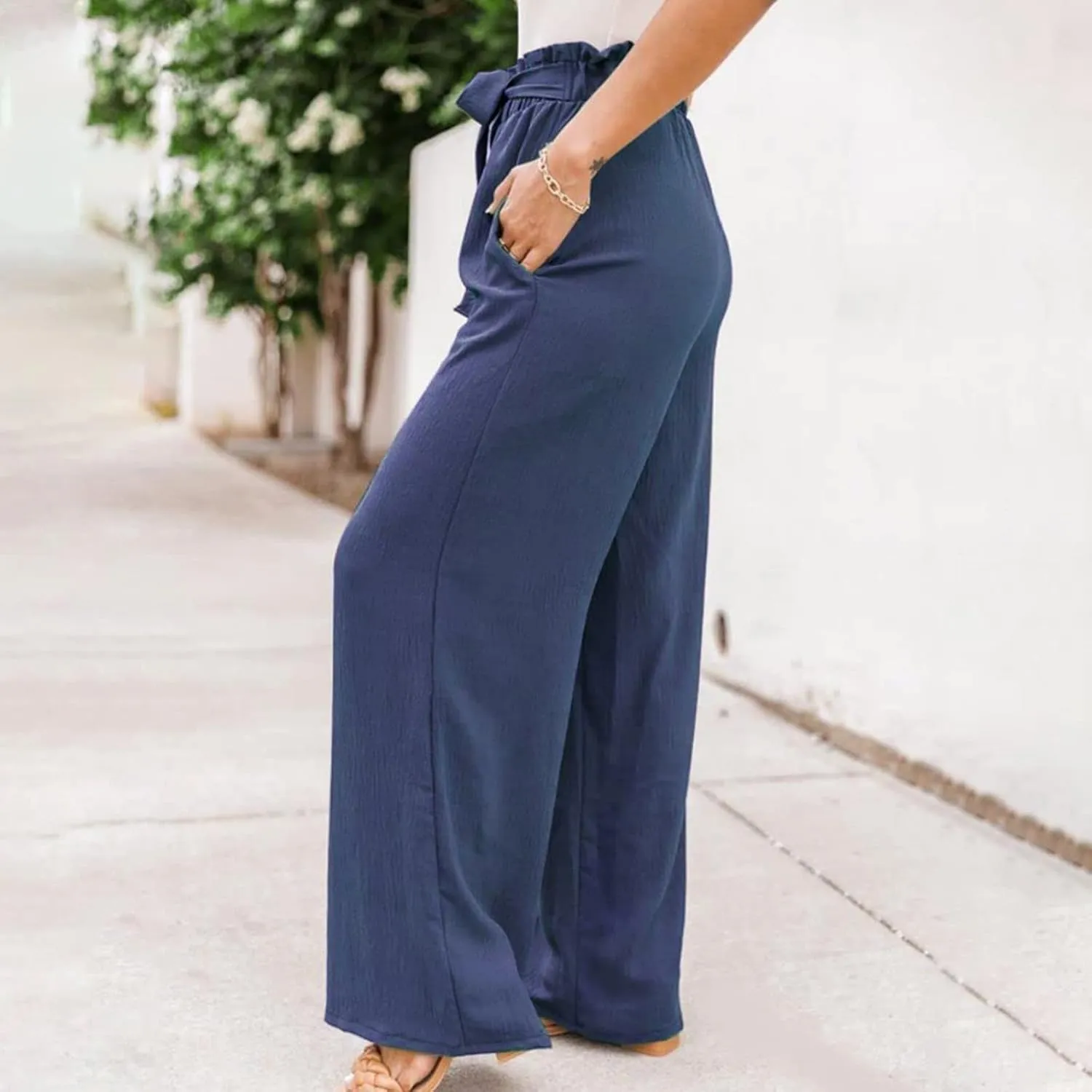 Womens Linen Summer Printed Palazzo Lounge Pants Elastic Waisted Straight Plus Size Palazzo Pants Vacation
