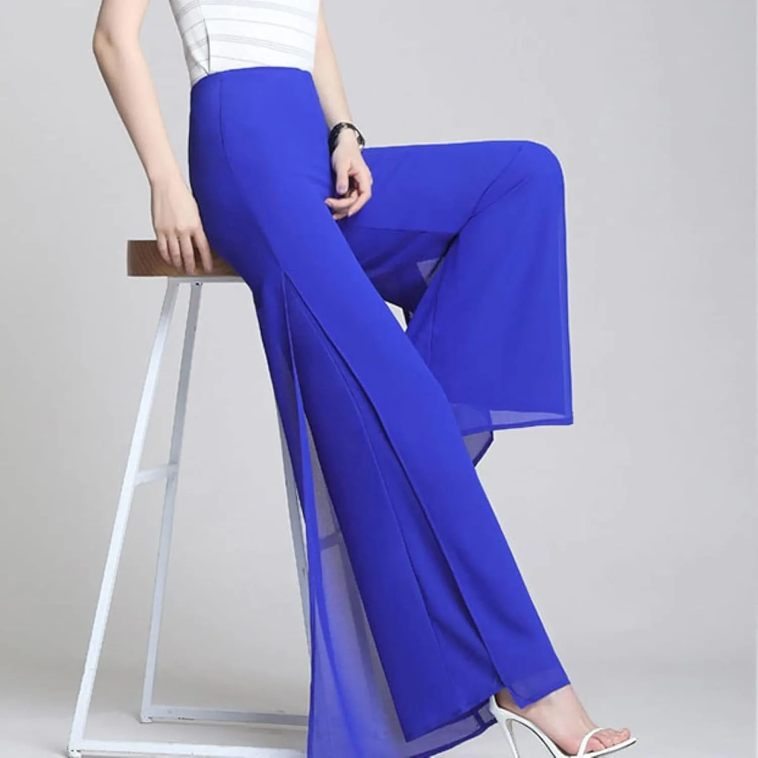Women's Long Pants Summer Wide Leg Pants High Waist Double Layered Split Chiffon Long Pants Loose Dance Pants
