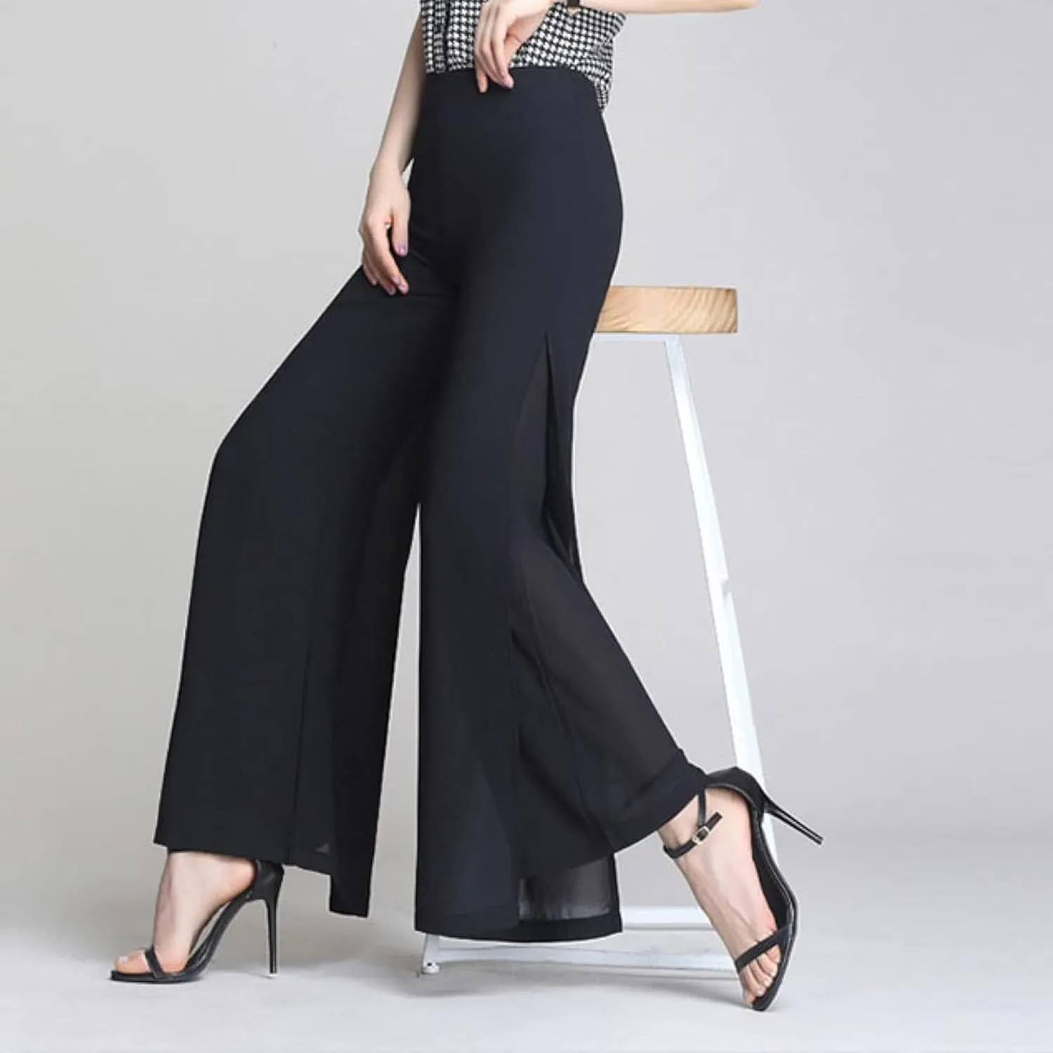 Women's Long Pants Summer Wide Leg Pants High Waist Double Layered Split Chiffon Long Pants Loose Dance Pants