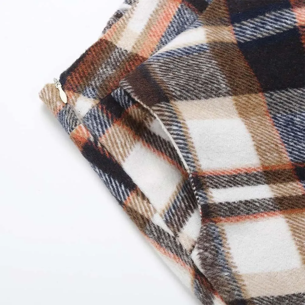 Women's Long Plaid Wool Skirt Fall Winter High Waist A-line Pleated Wool Tartan Skirts