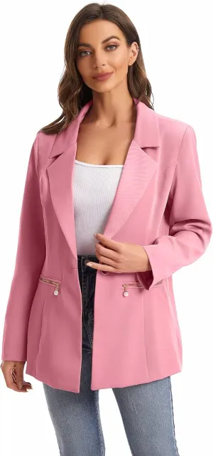 Women's Long Sleeve Open Front Blazer with Zipper Pockets
