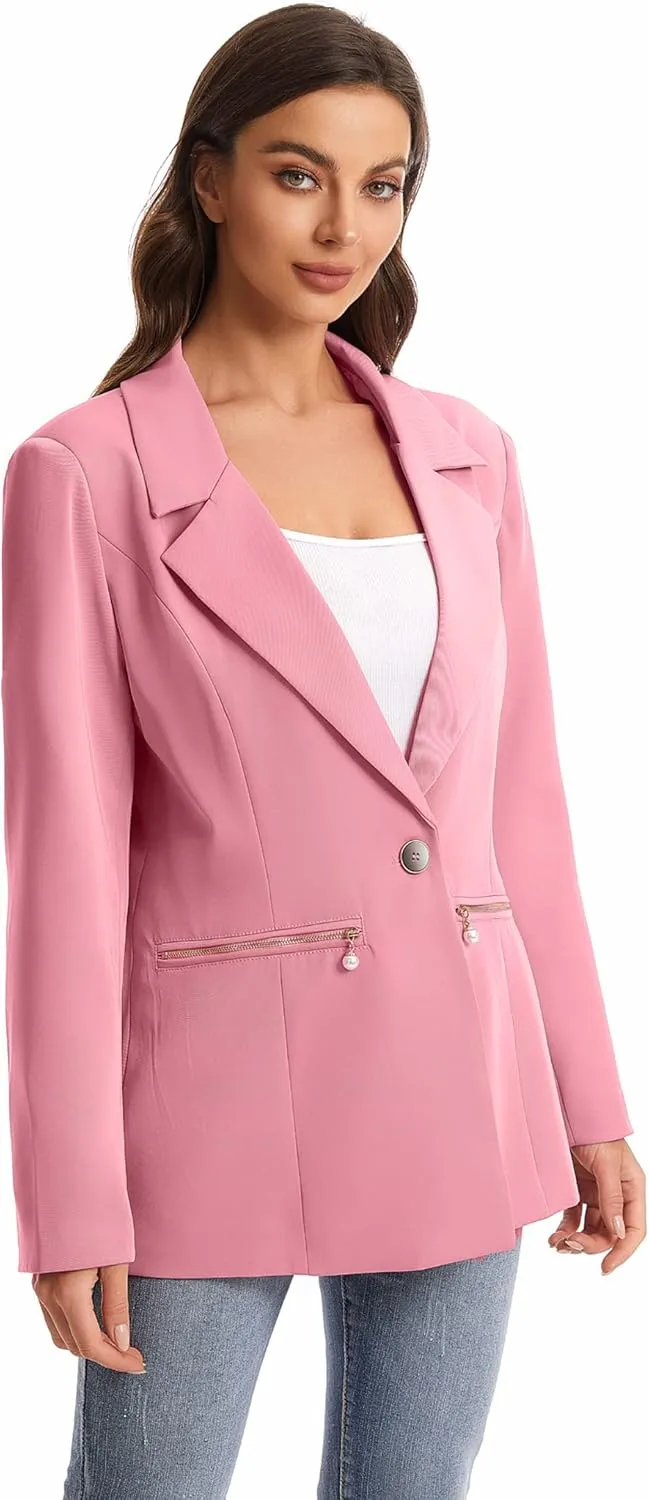 Women's Long Sleeve Open Front Blazer with Zipper Pockets