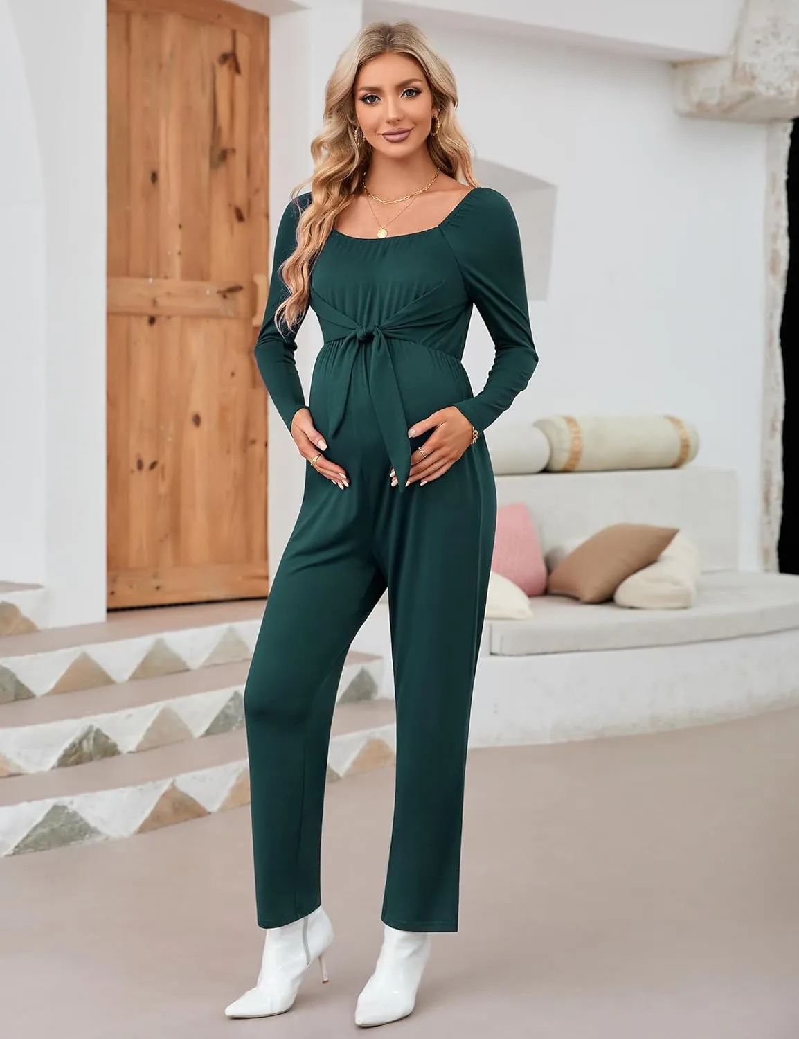 Women's Maternity Ruffle Hem Mermaid Baby Shower Dress Square Neck Puff Sleeve Off Shoulder Maternity Summer Dress