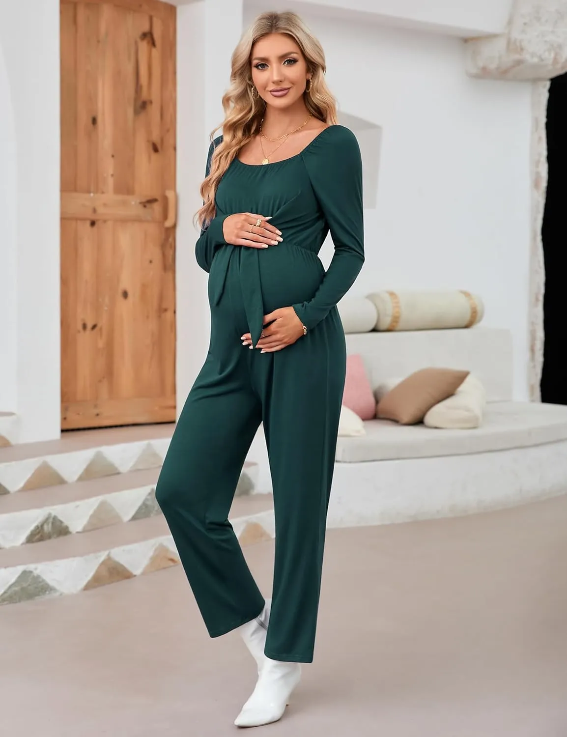 Women's Maternity Ruffle Hem Mermaid Baby Shower Dress Square Neck Puff Sleeve Off Shoulder Maternity Summer Dress