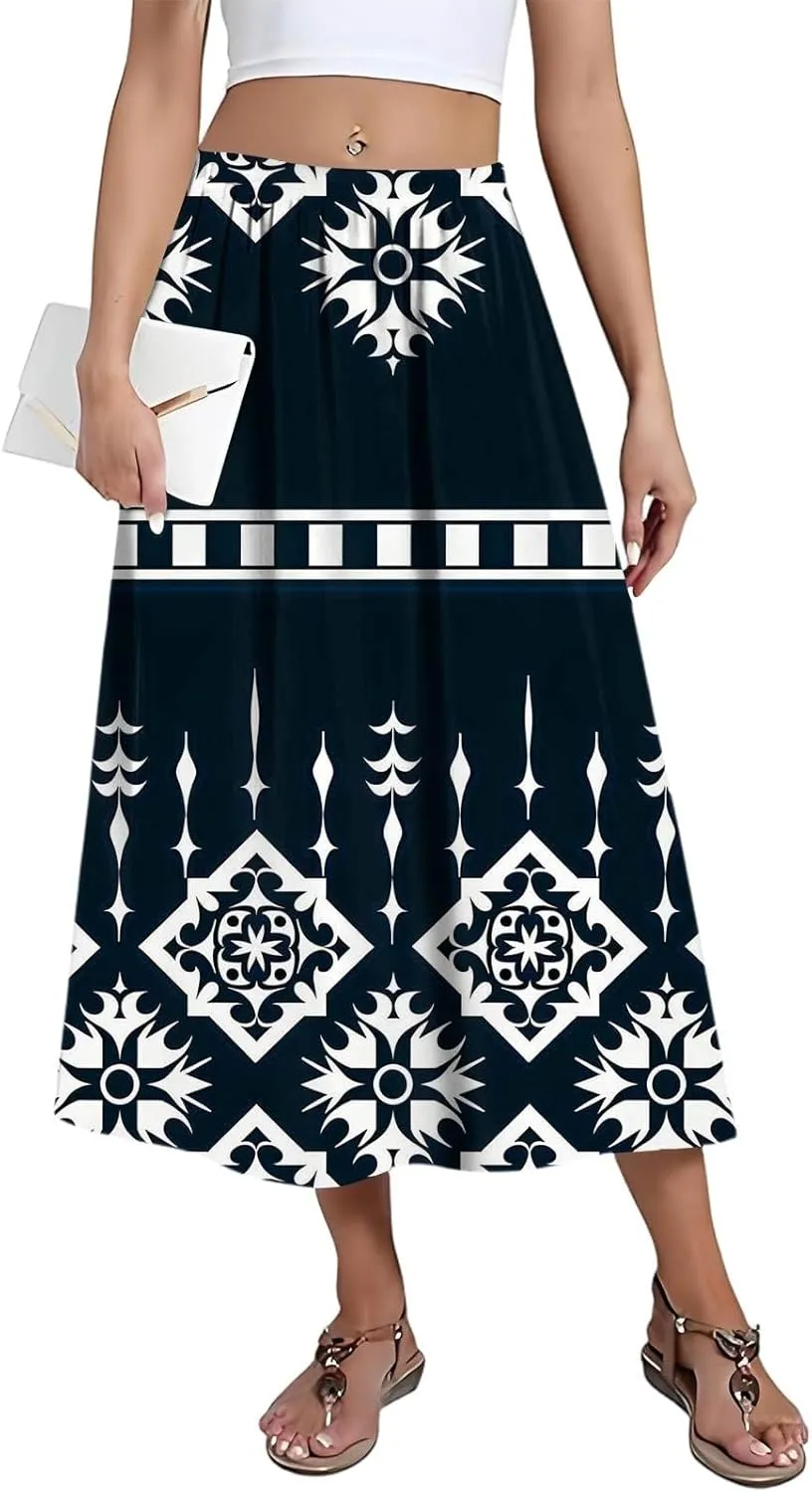 Women's Midi Boho Floral Skirts Trendy A Line Skirt High Elastic Waist Comfy Flowy Skorts with Pockets