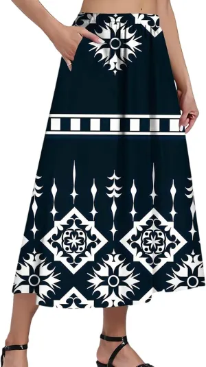 Women's Midi Boho Floral Skirts Trendy A Line Skirt High Elastic Waist Comfy Flowy Skorts with Pockets