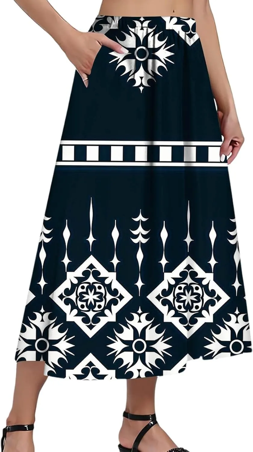 Women's Midi Boho Floral Skirts Trendy A Line Skirt High Elastic Waist Comfy Flowy Skorts with Pockets