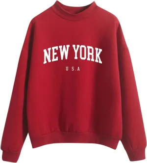 Womens New York Sweatshirt Round Neck Letter Graphic Cute Sweatshirt Oversized Casual Hoodie Teen Girls Fall Y2K Clothes