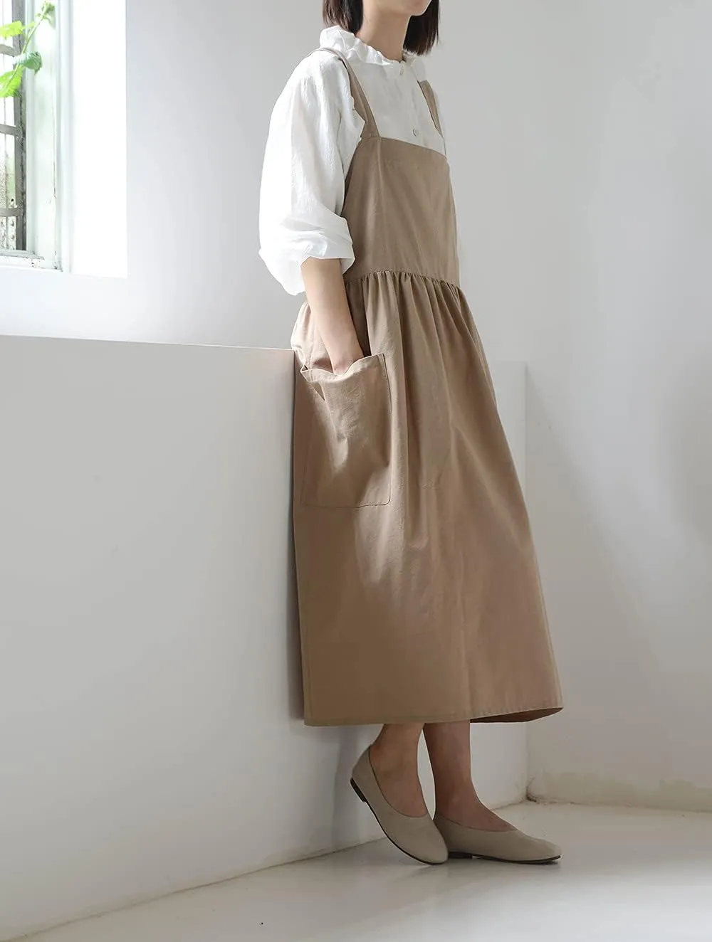 Women's Pinafore Cross Back Cotton Linen Japanese Apron With Pockets