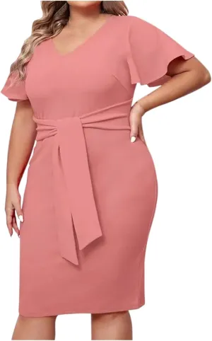 Women's Plus Size Business Dress Solid Color V-Neck Ruffle Short Sleeves Midi Dress Casual Elegant Bodycon Dresses