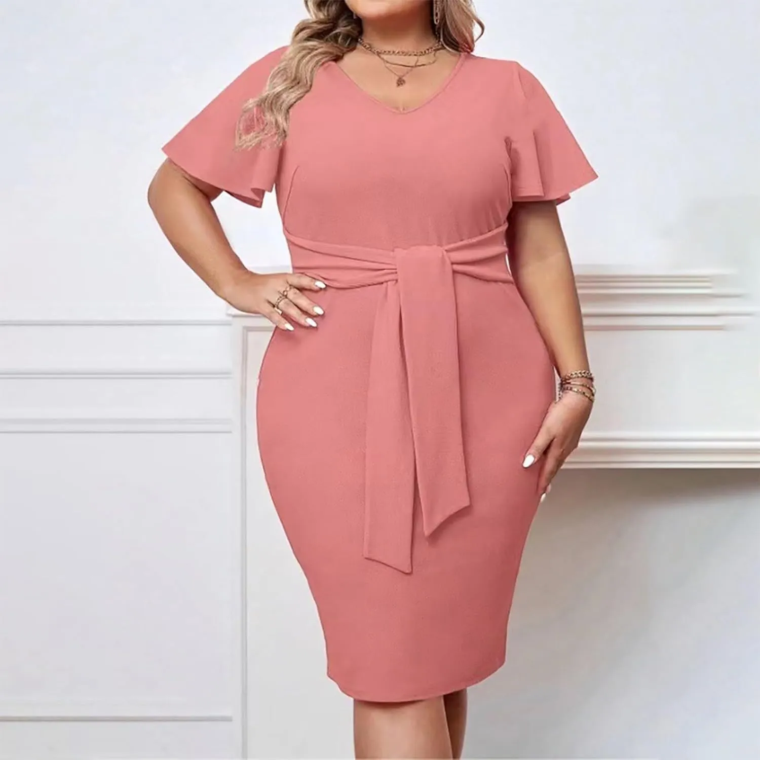 Women's Plus Size Business Dress Solid Color V-Neck Ruffle Short Sleeves Midi Dress Casual Elegant Bodycon Dresses