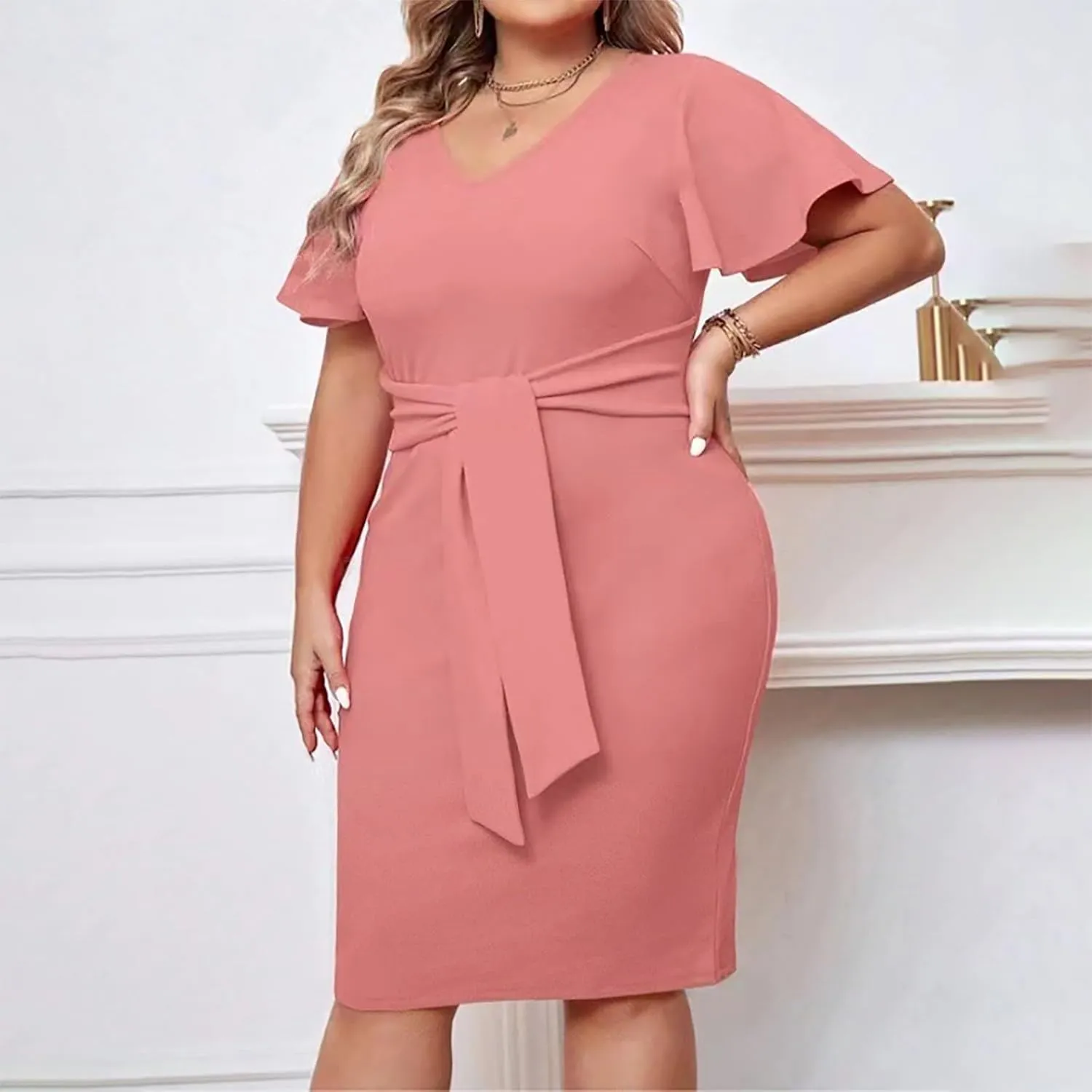 Women's Plus Size Business Dress Solid Color V-Neck Ruffle Short Sleeves Midi Dress Casual Elegant Bodycon Dresses