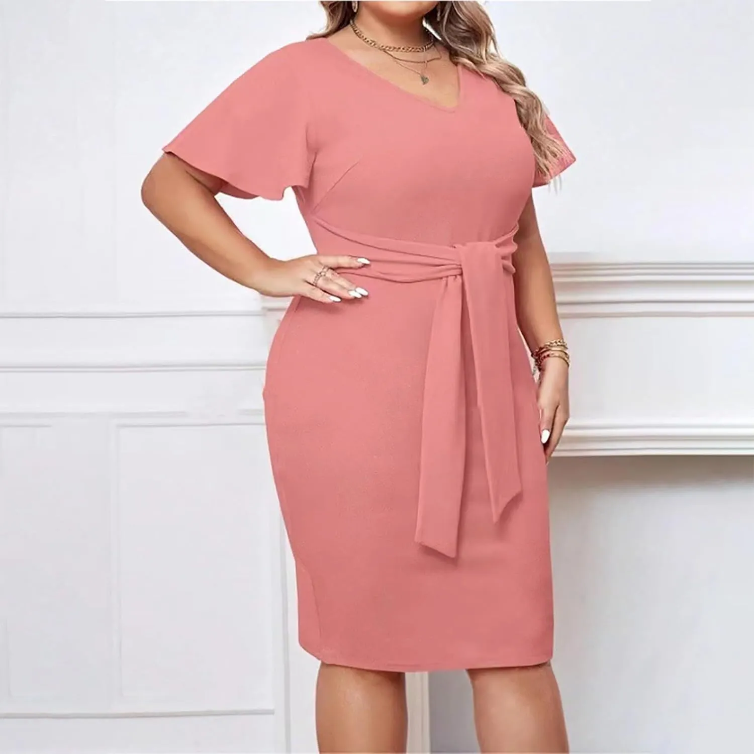 Women's Plus Size Business Dress Solid Color V-Neck Ruffle Short Sleeves Midi Dress Casual Elegant Bodycon Dresses