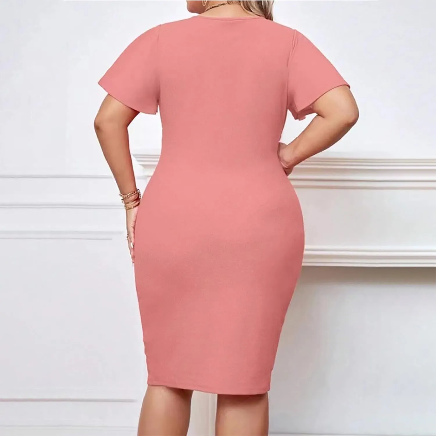 Women's Plus Size Business Dress Solid Color V-Neck Ruffle Short Sleeves Midi Dress Casual Elegant Bodycon Dresses