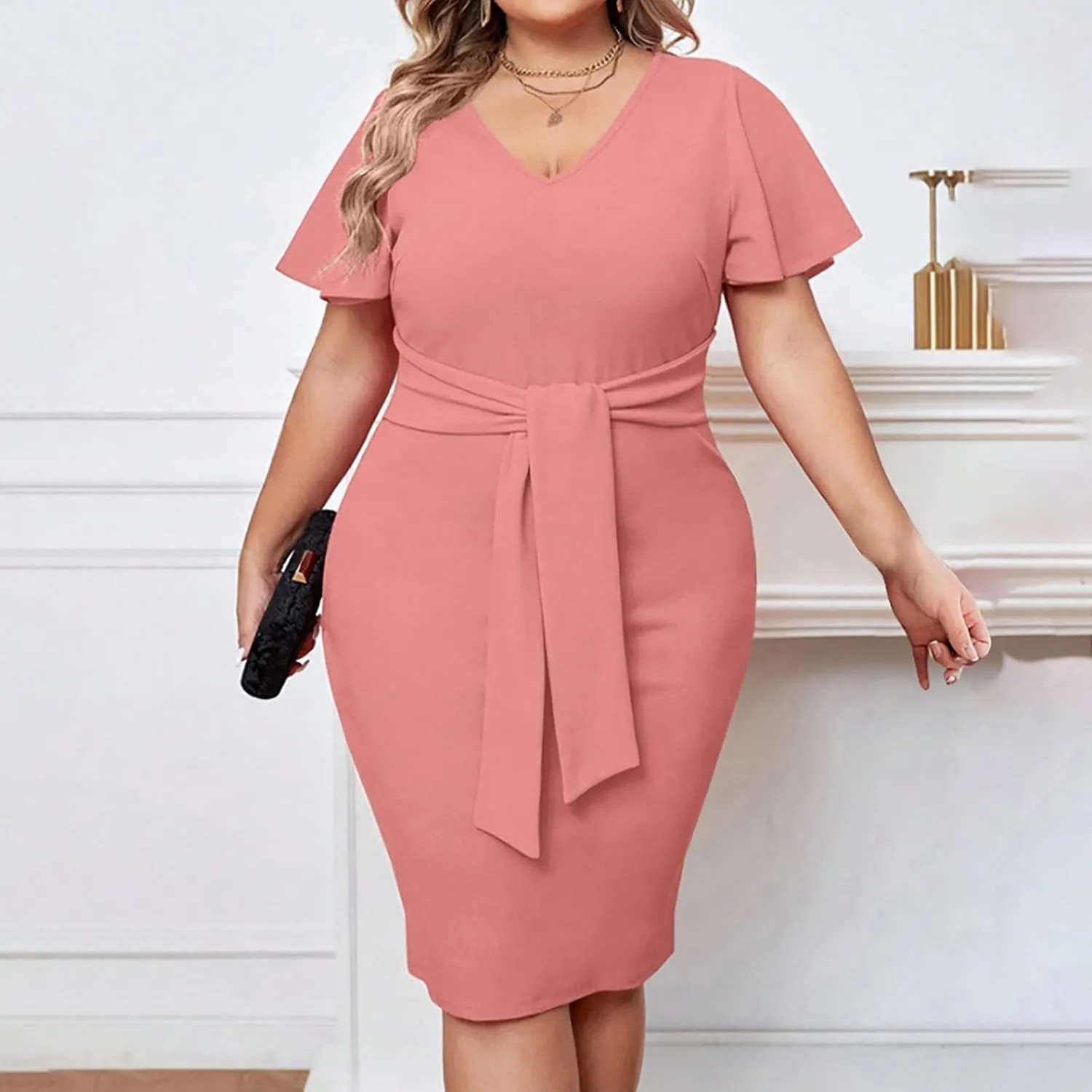 Women's Plus Size Business Dress Solid Color V-Neck Ruffle Short Sleeves Midi Dress Casual Elegant Bodycon Dresses