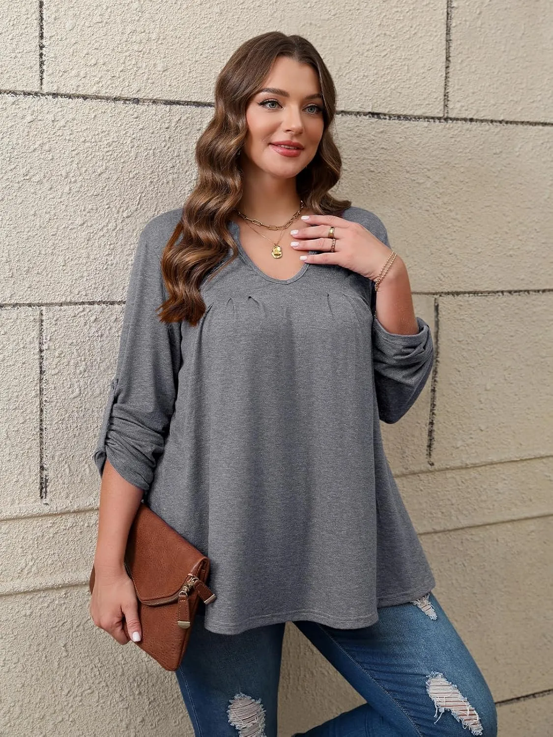 Women's Plus Size Tops V Neck Roll Up 3/4 Sleeve Tunic Pleated Casual Shirts Trendy Dressy Flowy Going Out Blouse