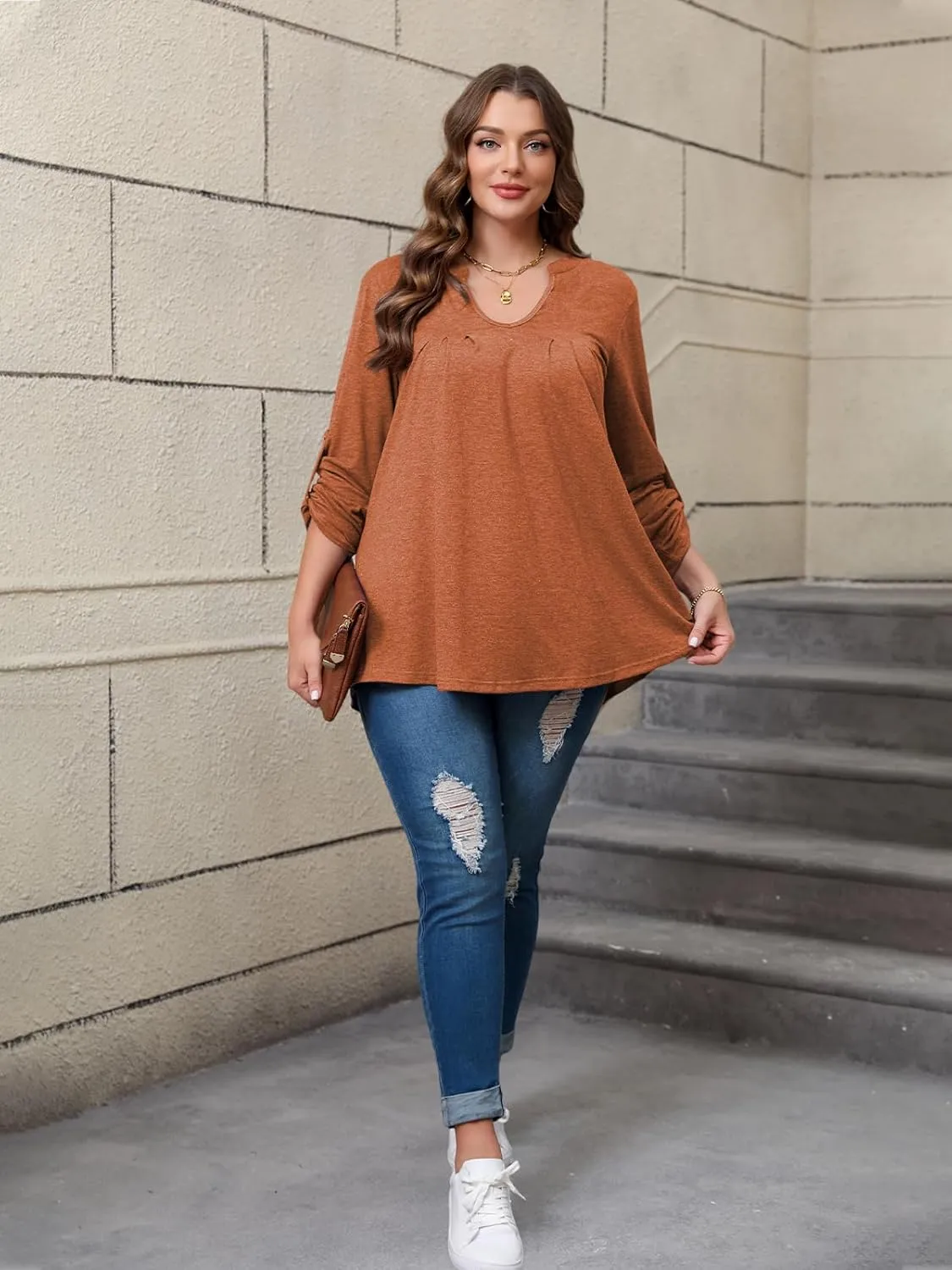 Women's Plus Size Tops V Neck Roll Up 3/4 Sleeve Tunic Pleated Casual Shirts Trendy Dressy Flowy Going Out Blouse
