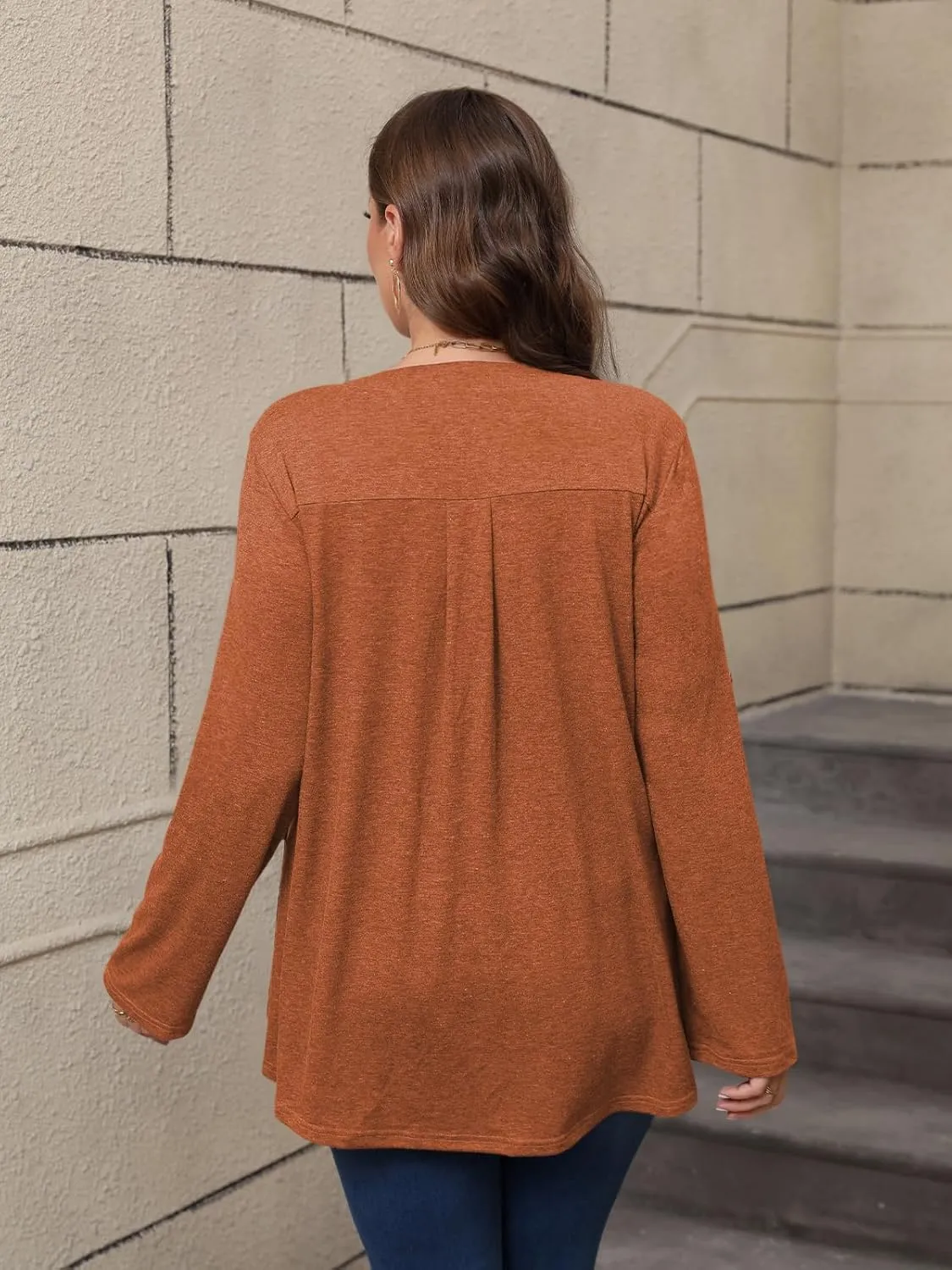 Women's Plus Size Tops V Neck Roll Up 3/4 Sleeve Tunic Pleated Casual Shirts Trendy Dressy Flowy Going Out Blouse