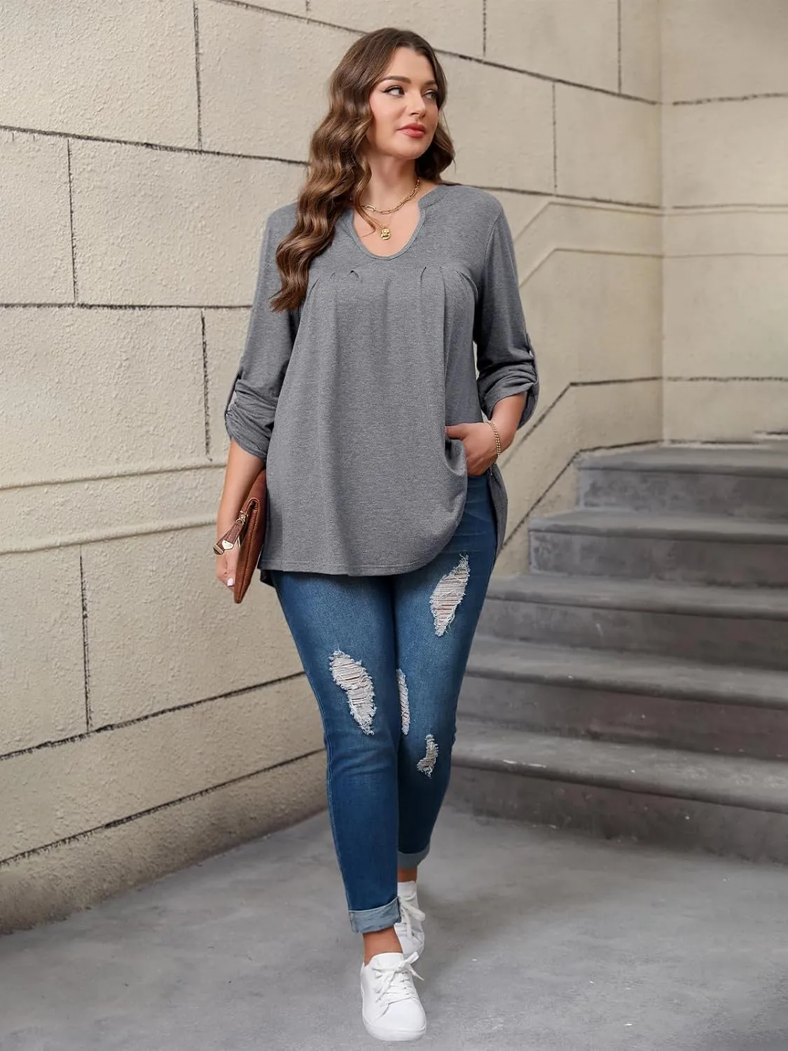 Women's Plus Size Tops V Neck Roll Up 3/4 Sleeve Tunic Pleated Casual Shirts Trendy Dressy Flowy Going Out Blouse