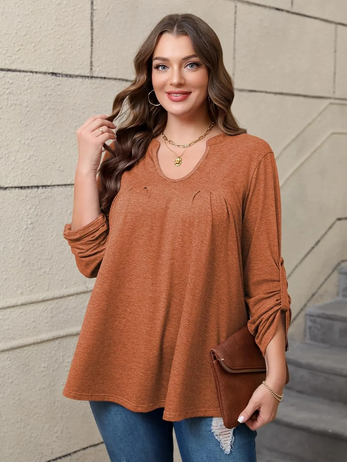 Women's Plus Size Tops V Neck Roll Up 3/4 Sleeve Tunic Pleated Casual Shirts Trendy Dressy Flowy Going Out Blouse