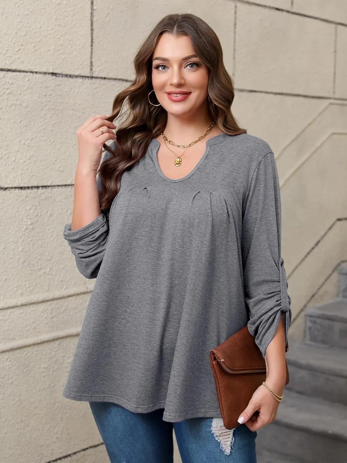 Women's Plus Size Tops V Neck Roll Up 3/4 Sleeve Tunic Pleated Casual Shirts Trendy Dressy Flowy Going Out Blouse