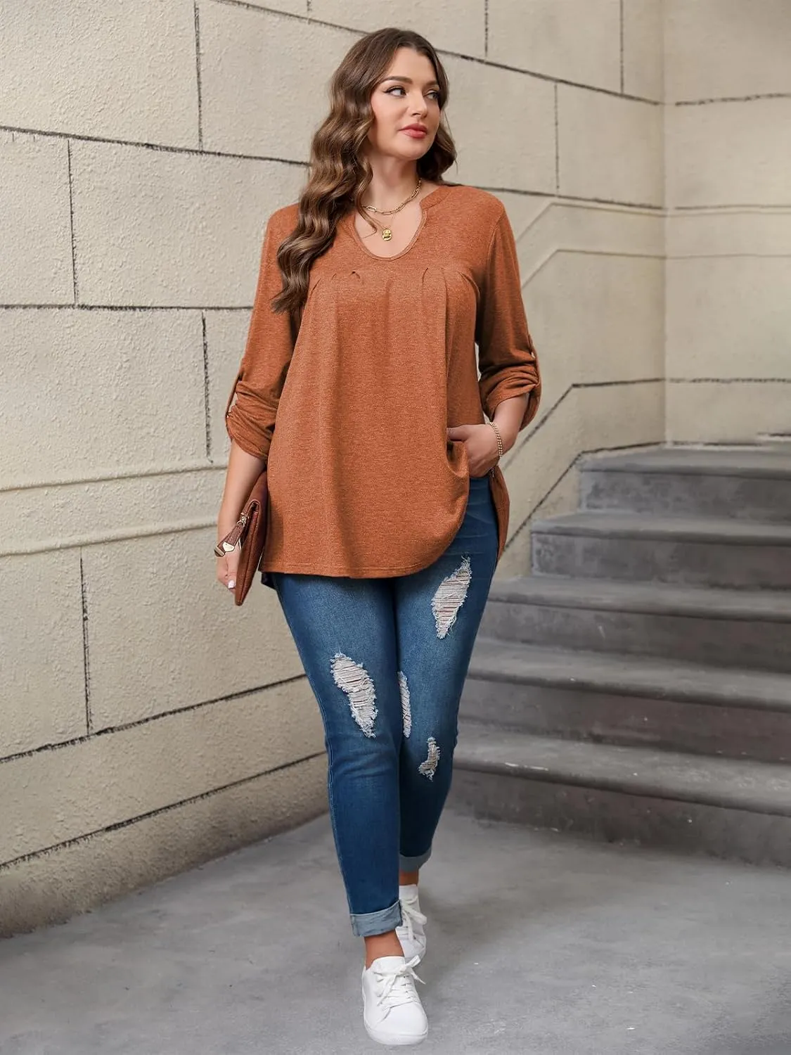 Women's Plus Size Tops V Neck Roll Up 3/4 Sleeve Tunic Pleated Casual Shirts Trendy Dressy Flowy Going Out Blouse