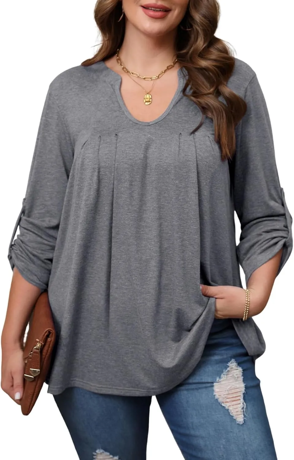 Women's Plus Size Tops V Neck Roll Up 3/4 Sleeve Tunic Pleated Casual Shirts Trendy Dressy Flowy Going Out Blouse