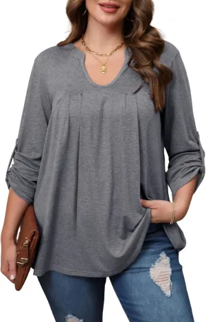 Women's Plus Size Tops V Neck Roll Up 3/4 Sleeve Tunic Pleated Casual Shirts Trendy Dressy Flowy Going Out Blouse