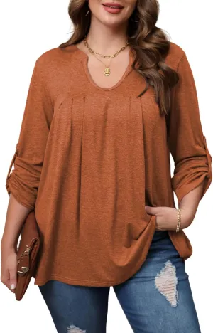 Women's Plus Size Tops V Neck Roll Up 3/4 Sleeve Tunic Pleated Casual Shirts Trendy Dressy Flowy Going Out Blouse