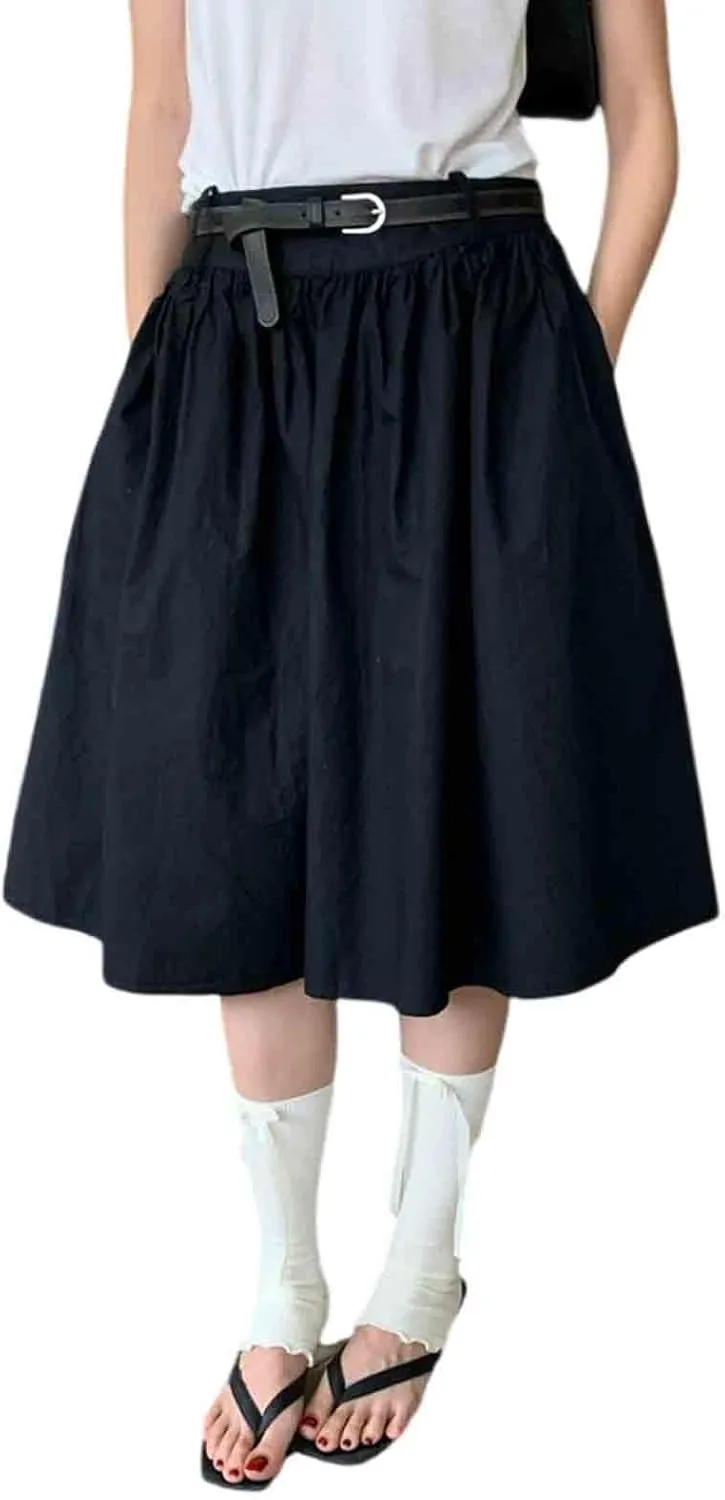 Women's Retro mid Length Pleated Skirt, Slimming and Oversized A-line Skirt with Belt Included