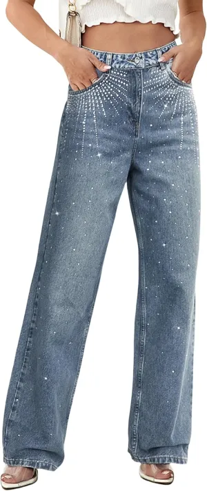 Womens Rhinestone Jeans High Waist Sright Leg Y2K Denim Pants Vintage Wash Trousers Streetwear