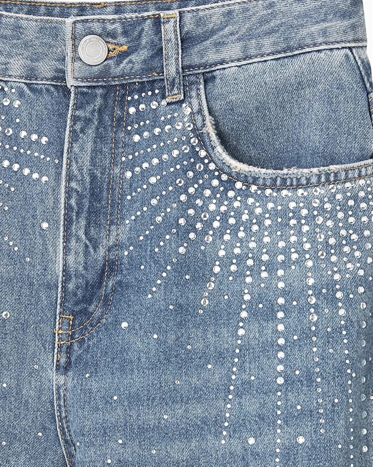 Womens Rhinestone Jeans High Waist Sright Leg Y2K Denim Pants Vintage Wash Trousers Streetwear