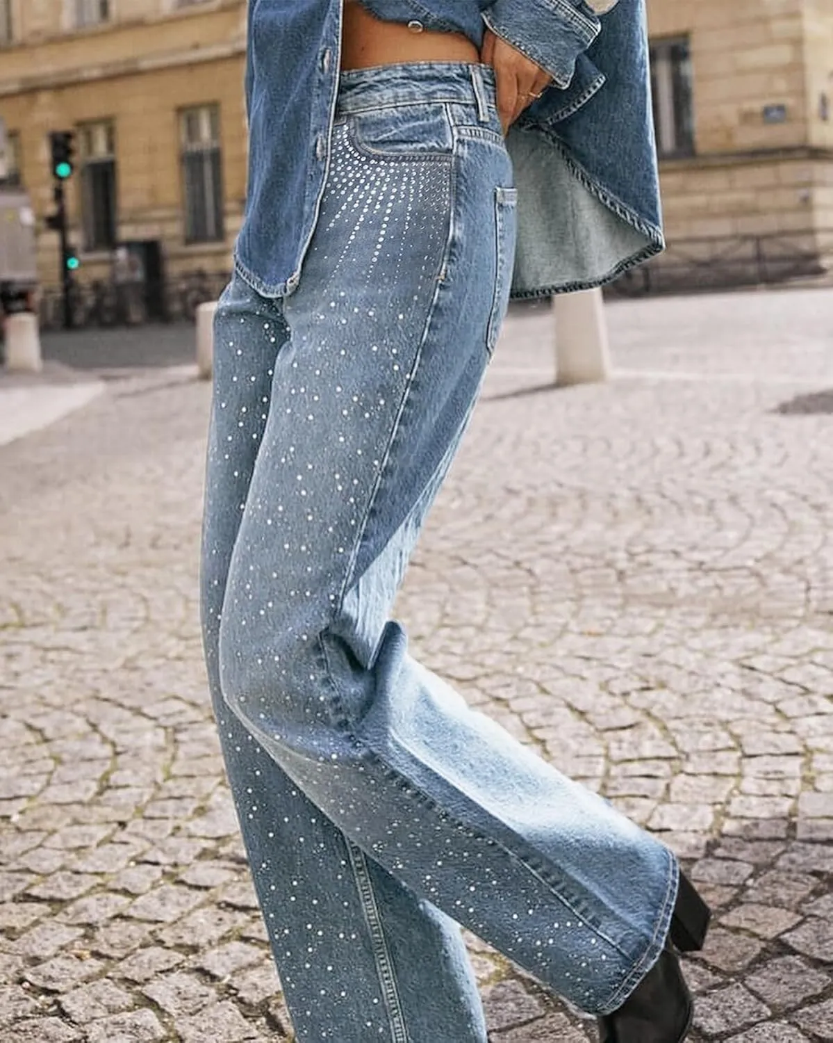 Womens Rhinestone Jeans High Waist Sright Leg Y2K Denim Pants Vintage Wash Trousers Streetwear
