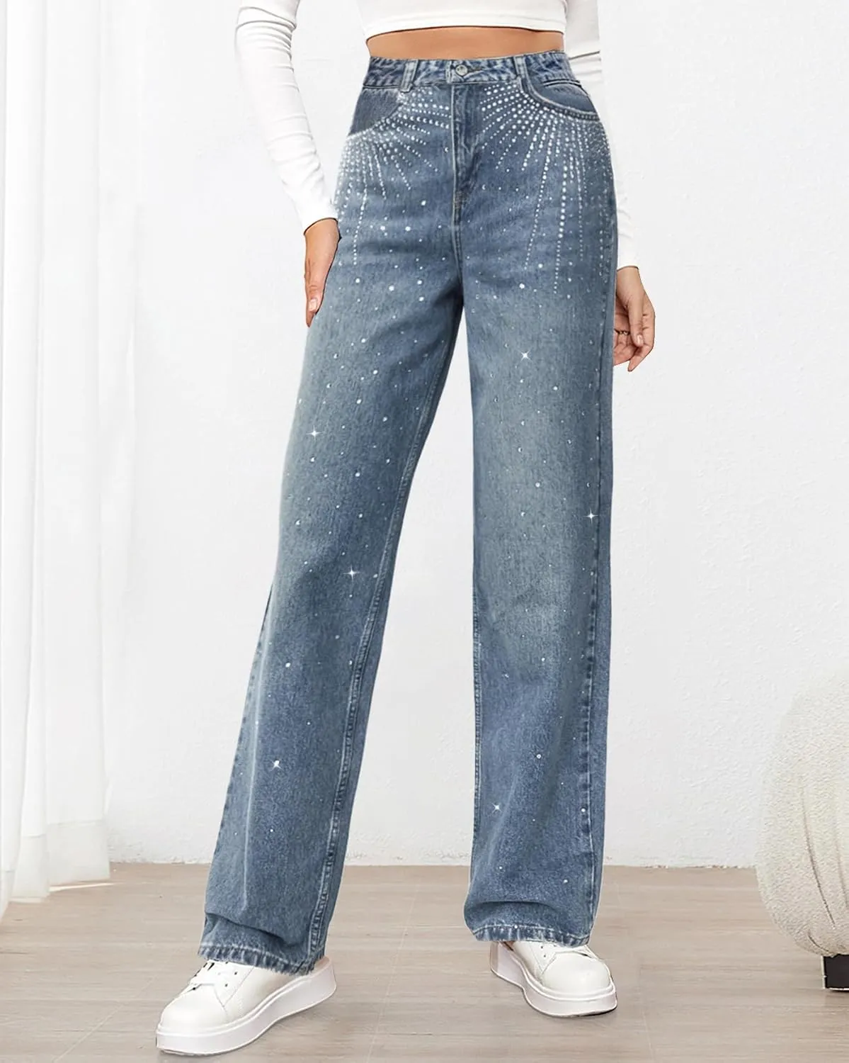 Womens Rhinestone Jeans High Waist Sright Leg Y2K Denim Pants Vintage Wash Trousers Streetwear
