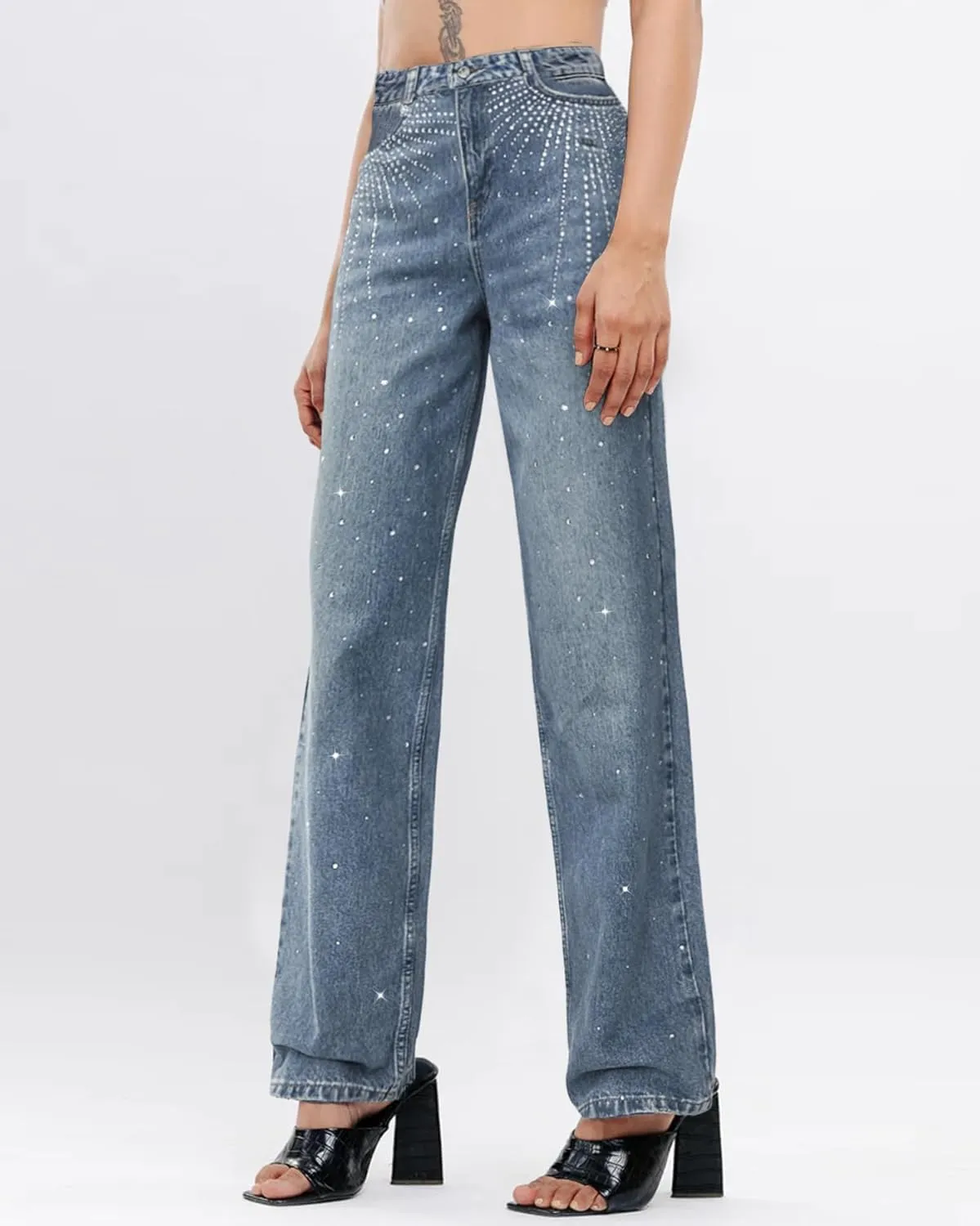 Womens Rhinestone Jeans High Waist Sright Leg Y2K Denim Pants Vintage Wash Trousers Streetwear