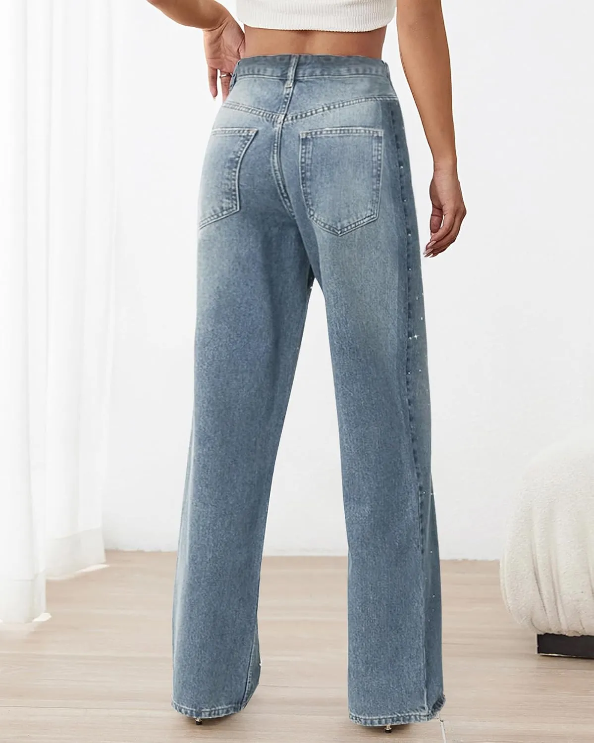 Womens Rhinestone Jeans High Waist Sright Leg Y2K Denim Pants Vintage Wash Trousers Streetwear