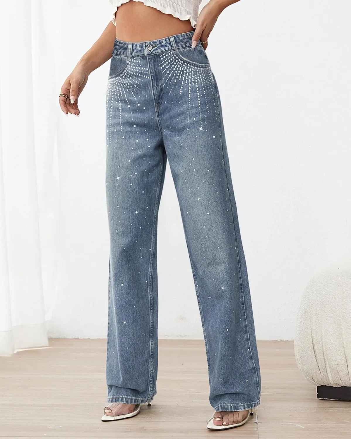 Womens Rhinestone Jeans High Waist Sright Leg Y2K Denim Pants Vintage Wash Trousers Streetwear