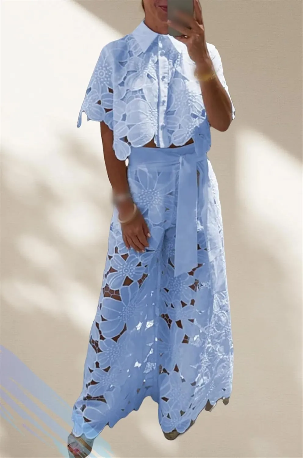 Women's Sexy 2 PCS Button Lace Flowers Shirts Tops Bodycon Wide Leg Pants, Lace Outfits for Women 2 Piece Sets