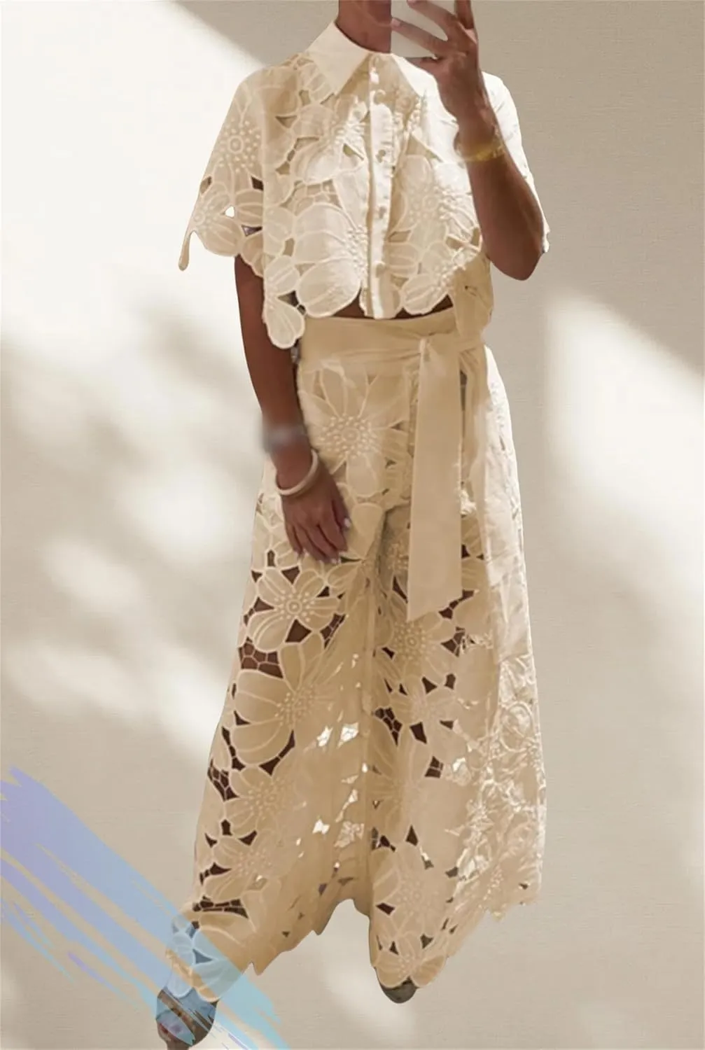 Women's Sexy 2 PCS Button Lace Flowers Shirts Tops Bodycon Wide Leg Pants, Lace Outfits for Women 2 Piece Sets