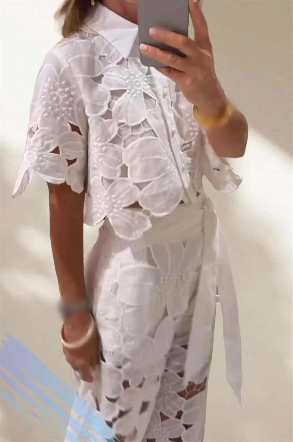 Women's Sexy 2 PCS Button Lace Flowers Shirts Tops Bodycon Wide Leg Pants, Lace Outfits for Women 2 Piece Sets