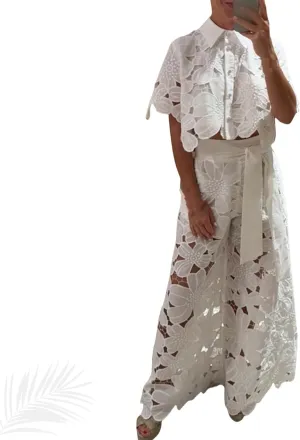 Women's Sexy 2 PCS Button Lace Flowers Shirts Tops Bodycon Wide Leg Pants, Lace Outfits for Women 2 Piece Sets