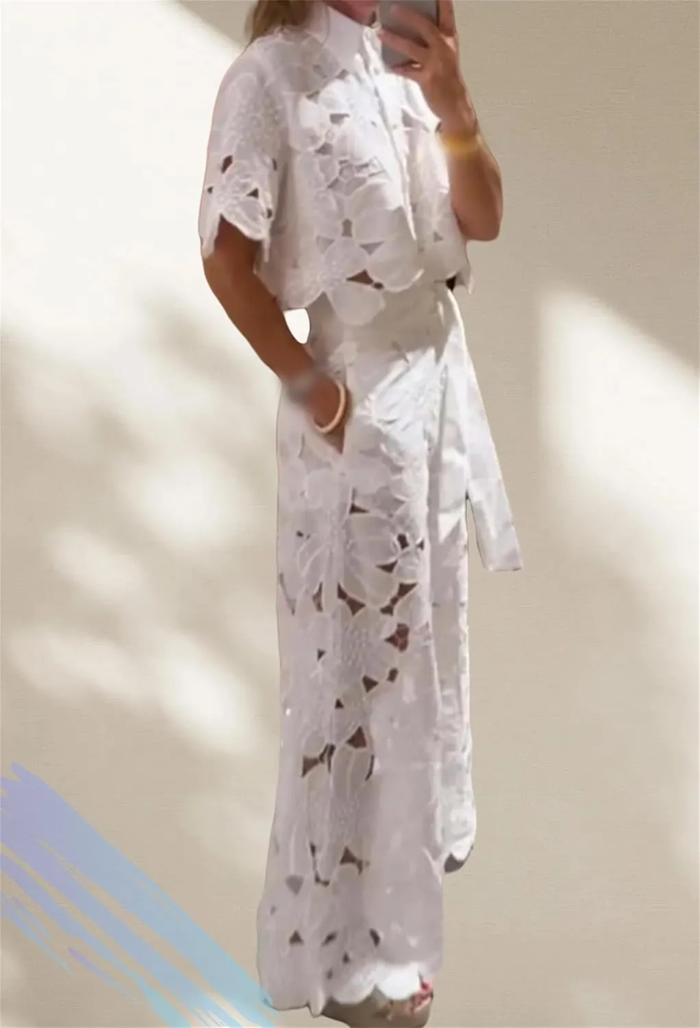 Women's Sexy 2 PCS Button Lace Flowers Shirts Tops Bodycon Wide Leg Pants, Lace Outfits for Women 2 Piece Sets