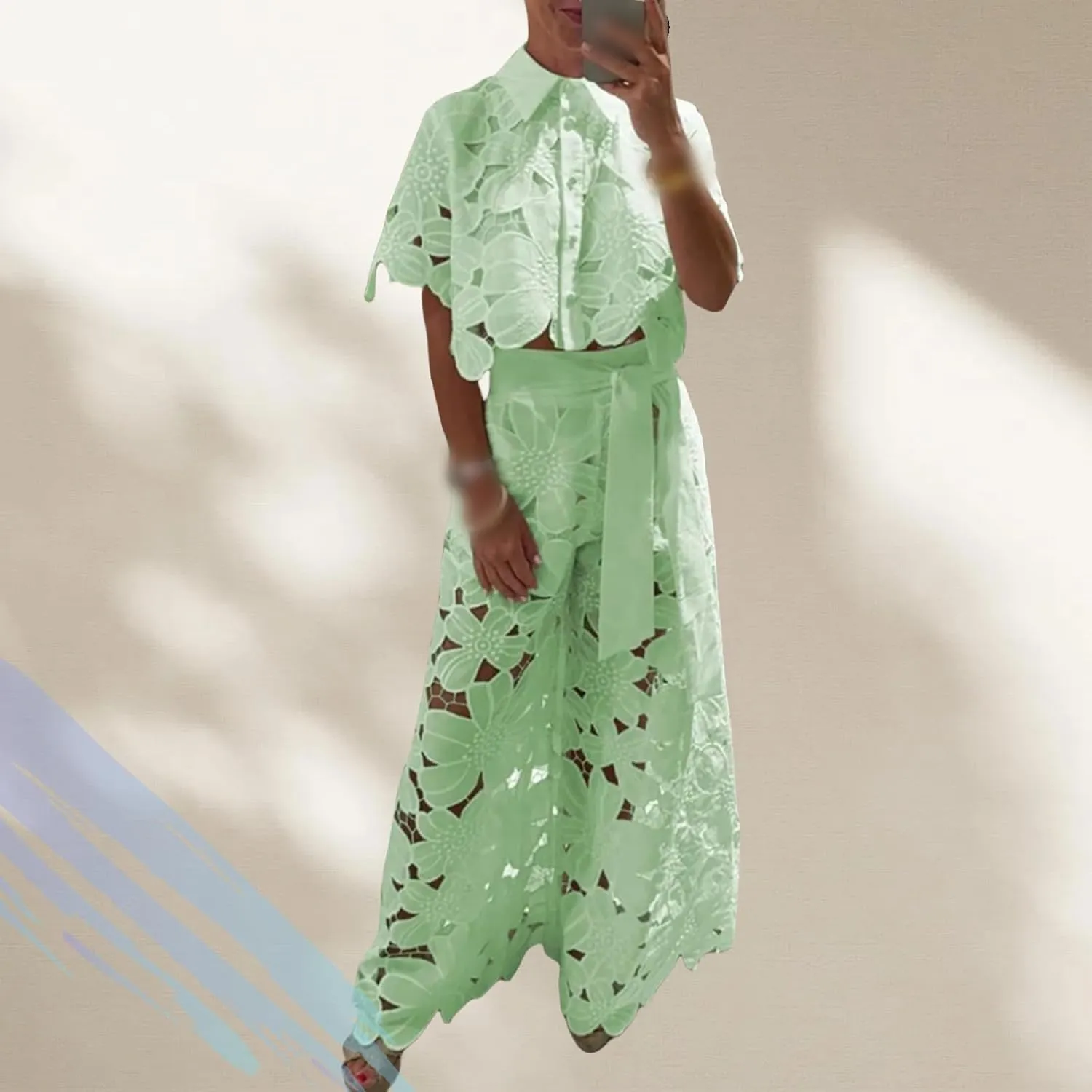 Women's Sexy 2 PCS Button Lace Flowers Shirts Tops Bodycon Wide Leg Pants, Lace Outfits for Women 2 Piece Sets