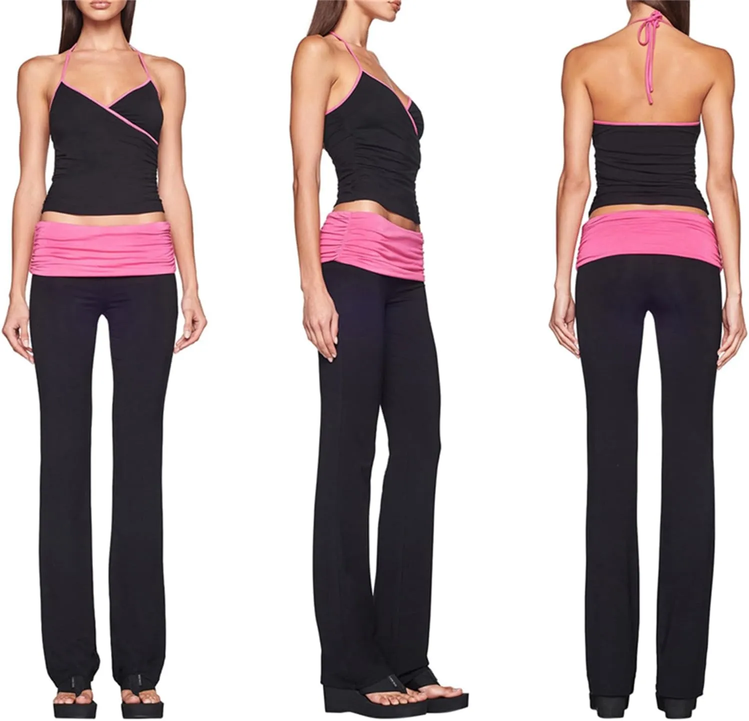 Womens Sexy Two Piece Outfits Tank Crop Tops Fold Over Flare Yoga Pants 2 Pc Sets