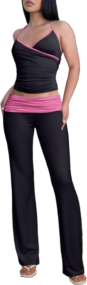 Womens Sexy Two Piece Outfits Tank Crop Tops Fold Over Flare Yoga Pants 2 Pc Sets